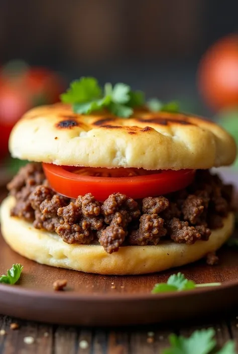 Create an image of an arepa with hamburger meat and a slice of tomato inside it, Make the arepa a little flat and make sure it has nothing apart from what I told you before. 