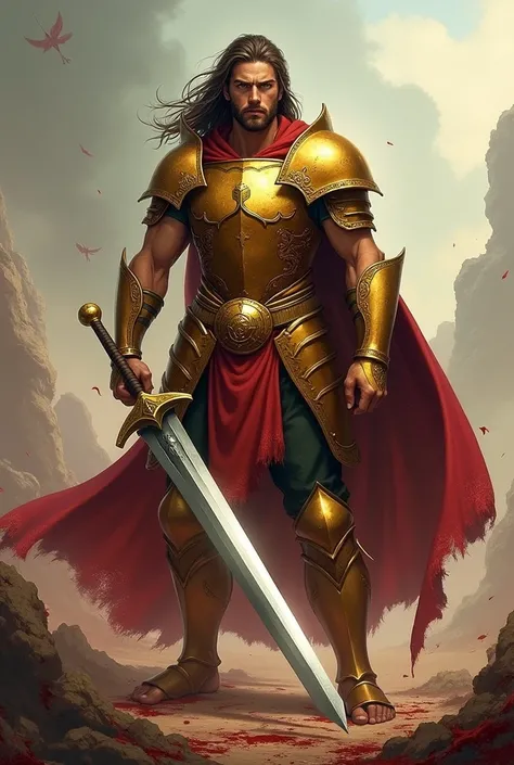 Create a young man without a beard, with long, shoulder-length brown hair and strong green eyes, wearing golden armor stained with the blood of his enemies He will be holding a long sword, almost bigger than your body