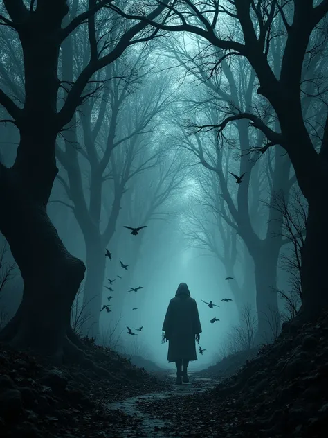 A spooky forest at night, ultra-detailed with ghostly lights, Mist and crows flying