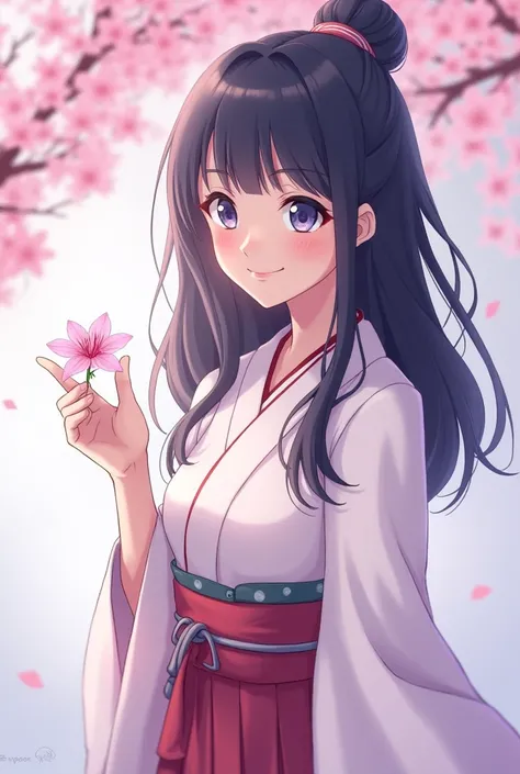 Hinata Hyuga from the Naruto series, holding a delicate cherry blossom flower in her hand, with a gentle smile on her face. Shes wearing her traditional Hyuga clan outfit, with a soft, serene background.