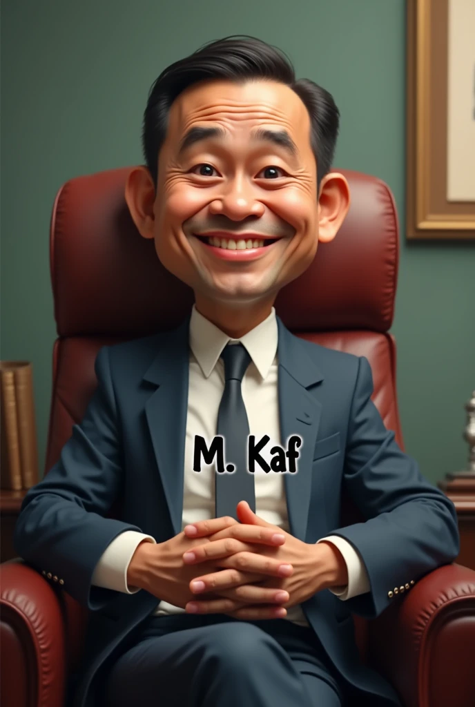 caricature, an Indonesian man, , thin face, office clothes, sitting in the bosss chair, smiling faintly, on his chest written "M. KAF" with the same spelling, half body.