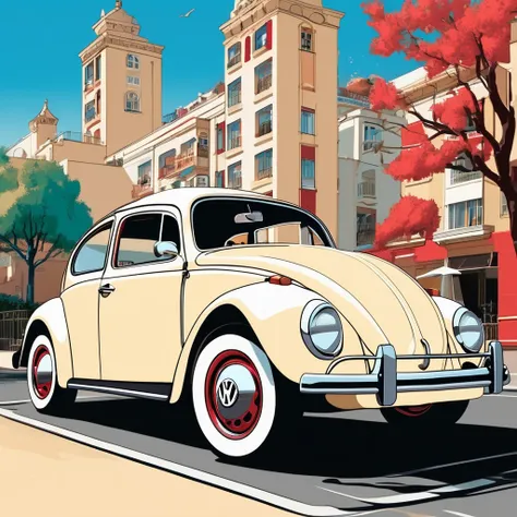 The image shows a classic Volkswagen Beetle, parked in an outdoor setting. The car has a cream-colored body with whitewall tires and red wheel rims, giving it a retro appearance. The background includes some modern buildings, trees, and a clear blue sky. T...