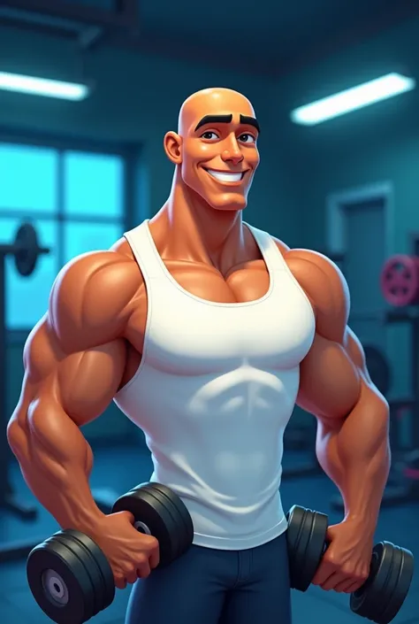 logo (coach Lucio)Pixar-style cartoon logo promoting logo Coach Lucio an 18-year-old bald brown skin color man smooth brown skin, and a bright, confident smile, wearing a crisp white tank top, holding dumbbells, gym background with subtle neon blue accents...