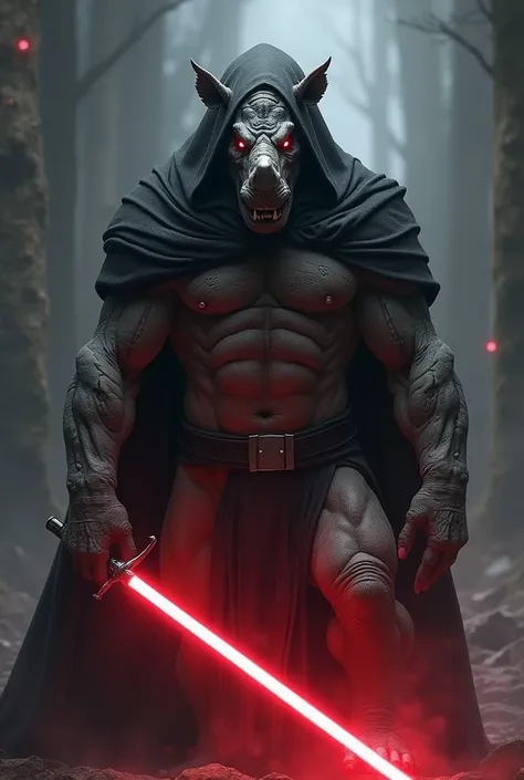 A Sith from Star Wars, mix of rhino and human, only two blunt big teeth, gray scarred skin, black cloak with hood, dark atmosphere, scary, frightening, red lightsaber, ultra-realistic