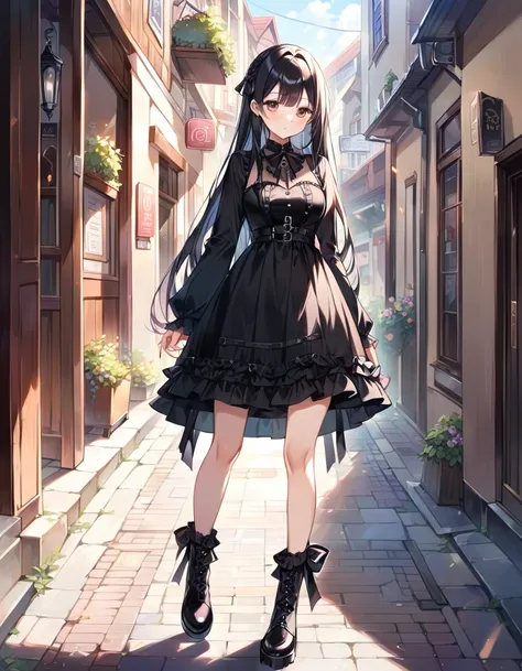 Woman, cute, kawaii, straight hair, long hair, black hair, full breasts, walking, sunny, full body, lolita fashion, gothic fashion, daytime, sunlight