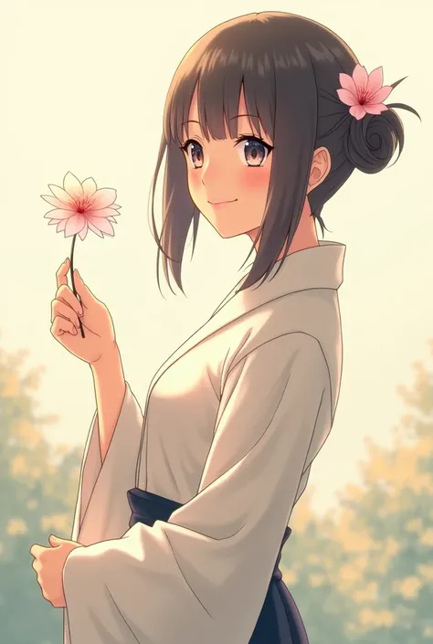 Hinata Hyuga from the Naruto series, holding a delicate cherry blossom flower in her hand, with a gentle smile on her face. Shes wearing her traditional Hyuga clan outfit, with a soft, serene background.

1. *Soft colors*: Use a pastel color palette to con...