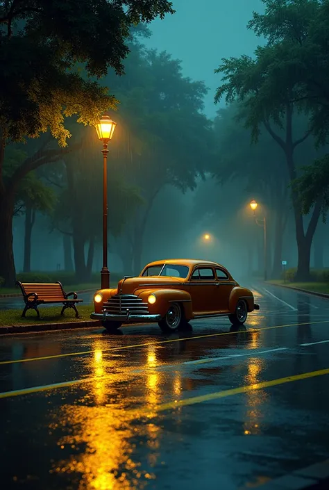 A picture with small darkness but colours,with street lamp with medium yellow lightning and a clean road after rain with yellow strips and a old park bantch with highest quality and a old vintage car with low yellow light