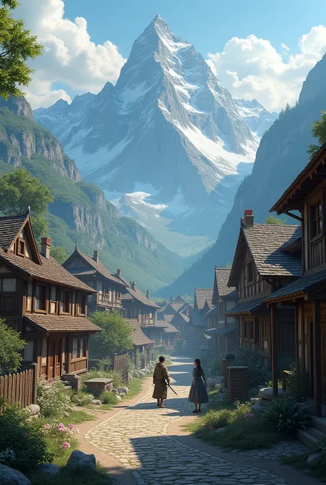 A village nestled in a mountain range. In the village lived a blacksmith and his young daughter, who was very beautiful.