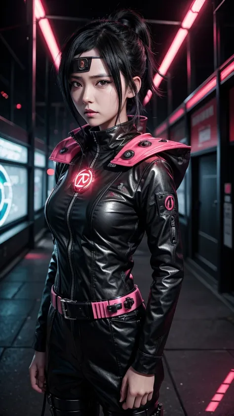 Sarada Uchiha, wearing cyber punk style clothes, with Sharingan activated 