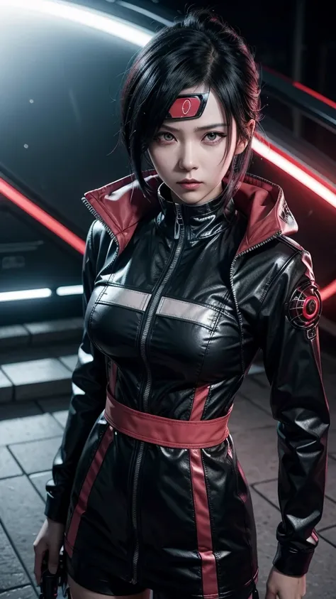 Sarada Uchiha, wearing cyber punk style clothes, with Sharingan activated 