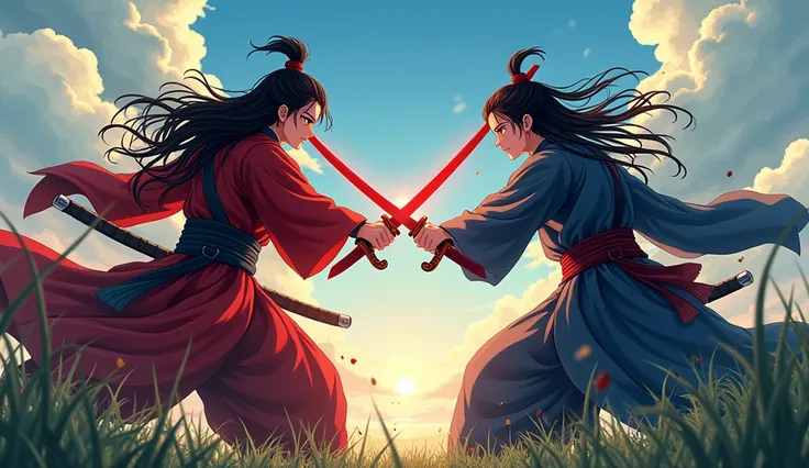 anime,a samurai with a red sword fighting a samurai with a black sword, in a grassy field, anime, epic battle scene, highly detailed, 8k, (best quality,4k,8k,highres,masterpiece:1.2),ultra-detailed,(realistic,photorealistic,photo-realistic:1.37),vivid colo...