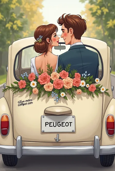 A drawn picture. Bride and groom sitting in a wedding car. Bride and groom have brown hair. You can see them through the rear window of the car. The car has the Peugeot logo on it and is decorated with flowers. The license plate says “just married” 