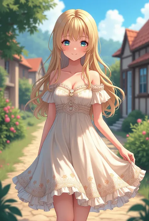 anime style, a young white woman in a village, modest breasts, dress, white cloth dress lace trim floral design off-shoulder ruffles, long wavy blonde hair, blue eyes