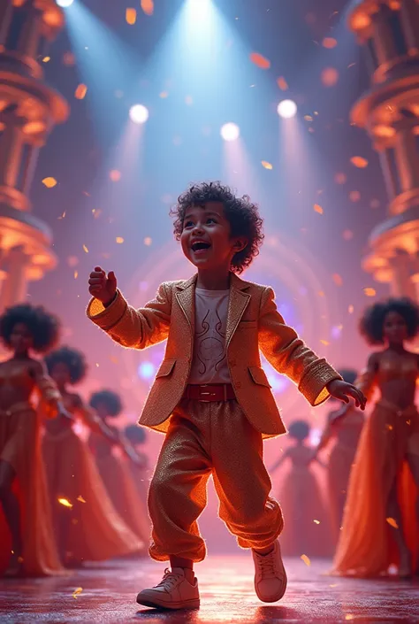 a boy dancing and singing in a show, the theme is royalty and there are a lot of people in this show, and there are backup dancers, Futurism, Surrealism, sparkle, glowing light, UHD, super detail, 4K