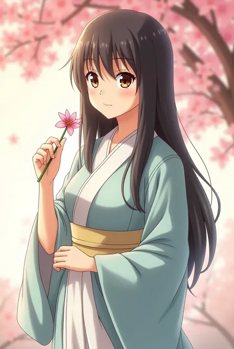 Hinata Hyuga from the Naruto series, holding a delicate cherry blossom flower in her hand, with a gentle smile on her face. Shes wearing her traditional Hyuga clan outfit, with a soft, serene background.

1. *Soft colors*: Use a pastel color palette to con...