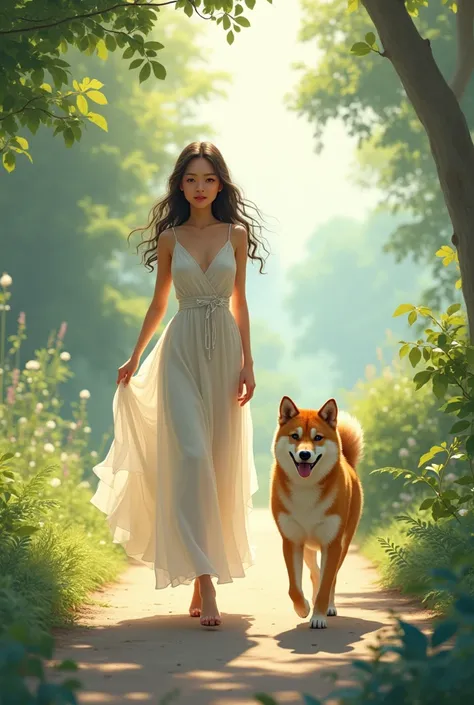 A beautiful woman walking with a Shiba Inu