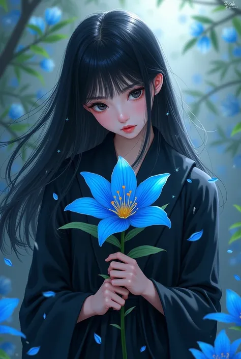 A girl, wearing a black robe. Jet black hair flowing, Both of his eyes are also jet black.. Holding a blue peacock lily, looking at the flowers with a gentle smile. Flowers fall around him. Be in a cool place, calm, and peace.