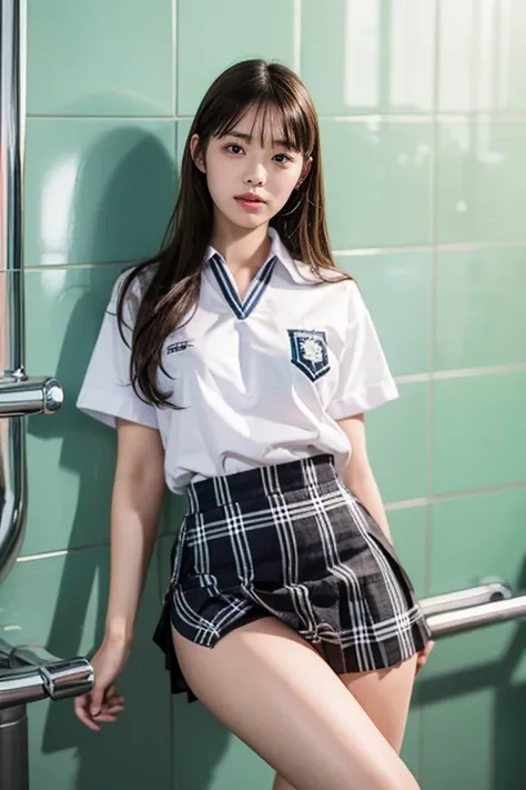 masterpiece, best quality, illustration, Super detailed, fine details, High resolution, 8K,wall paper, perfect dynamic composition,(Details High quality, realistic depiction of eyes:1.3),  (urinal)、(white school shirt :1.2), (plaid skirt :1.3), large breas...