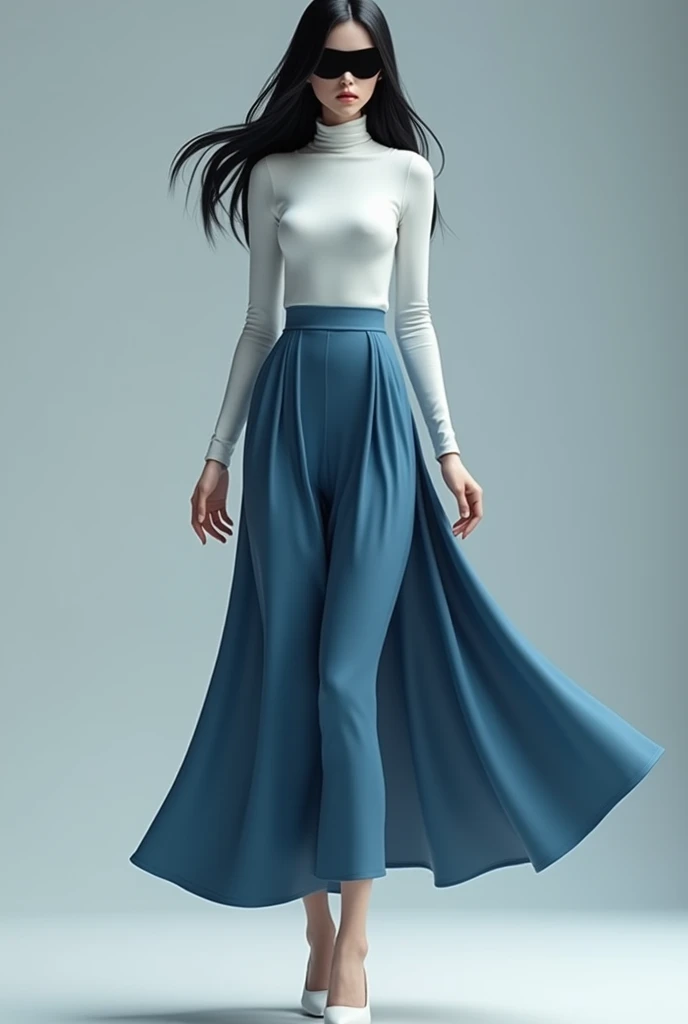 3d female character, with white turtleneck shirt, with long black hair with a black mask blue skirt white shoes