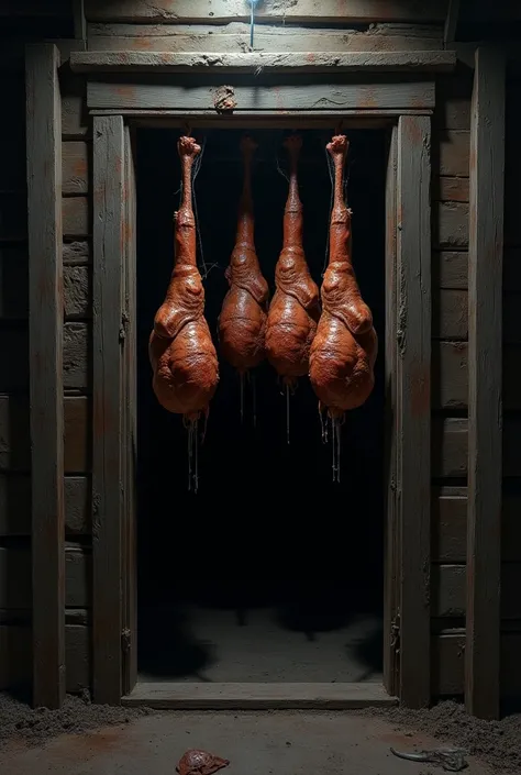 Pork leg joints hanging from an attic entrance