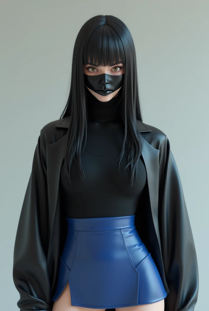 3d female character, long straight hair, black turtleneck shirt, blue short skirt, mask on face in black mouth!