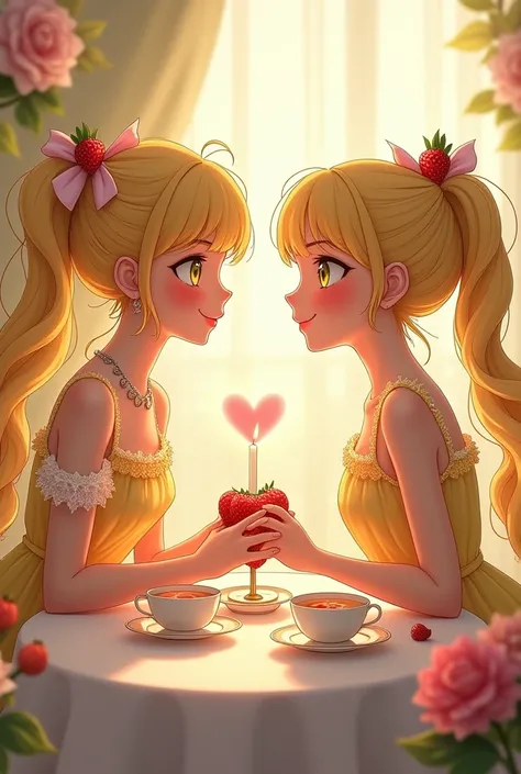 strawberry candle hair。Long twin tails。Yellow-green eyes。Lady in a lemon-colored dress。Tea party。Feeling each other&#39;s hearts。