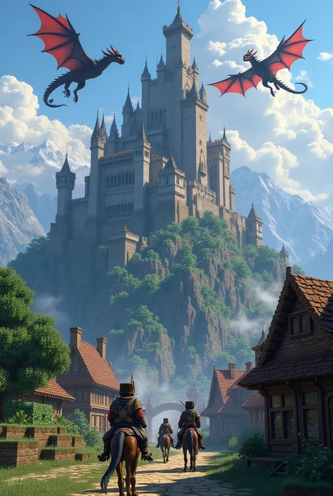 A group of players in a medieval village in a world with dragons as their currency and many other mythological creatures in minecraft in an epic adventure with an epic castle on the mountain with dragons surrounded by mounted players