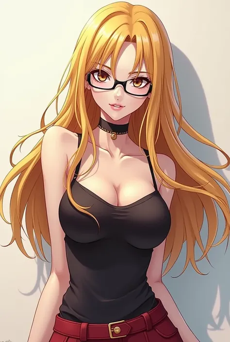 An anime girl with long blonde hair, sharp nose, oval face, sexy clothes with a provocative, seductive look, preppy glasses, profession as a free fire player
