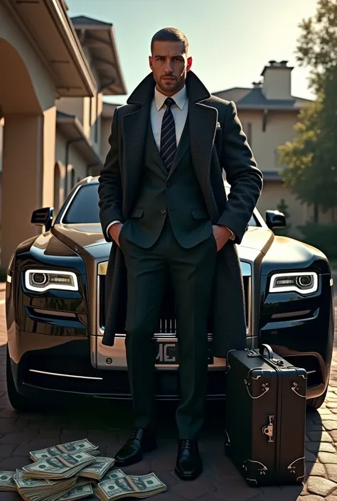 A 25 year old man with mafia coat suit and with muscular body and standing aside on new rolls royce ghost and a lotsof money in a big suit case on the car hood and the background in a big house , picture covers whole car and house.

