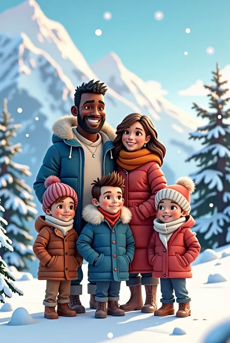 image of a family on vacation in the snow, tall black father short hair with short beard, fair skin mother medium hair, 15 year old son , another 9 year old son and a 2 year old daughter