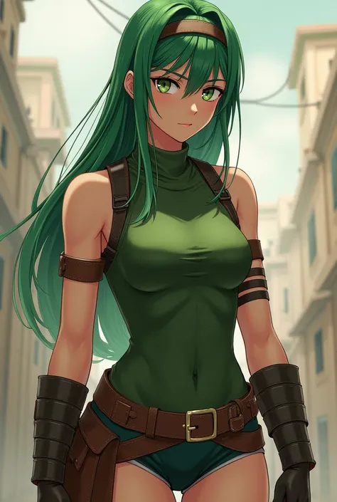 Girl with green hair, (realistic, highest quality, High resolution, real women pictures:1.57), realistic, (15 year old girl= in cowgirl position:1.7), curved body, anatomically correct body, (head band, green sleeveless turtleneck, shoulder armor, arm guar...