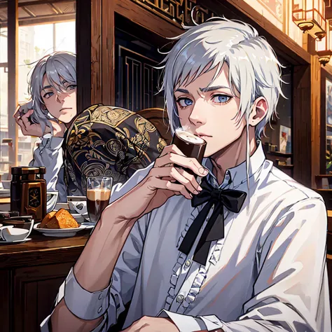 A young man with white hair and grey eyes drinking coffee in a coffee shop.