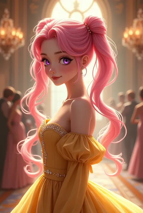 Pink Hair。Long twin tails with vertical rolls。Mysterious and magical purple eyes。A lady in a lemon-colored A-line dress。Pearl ornaments。Royal Ball。Smiling gracefully。