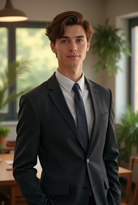 21year boy, wearing formal blazer with tie, smooth brown hair, indoors, soft lighting, plants in background, window with sunlight, cozy room, professional pose, realistic, intricate details, warm colour