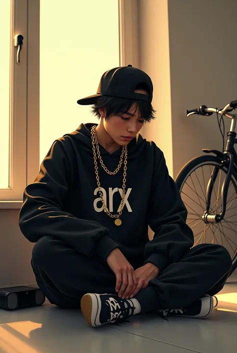 Gku teenager, hip hop style cap on head, black eyes, listening to music, sitting in a room with white walls with black furniture and bright lights, slave chain with the initial Arx in gold, Loose black sweatshirt with a print in the center written ARX in w...