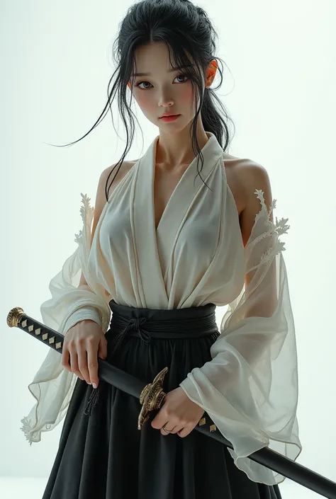 Highest quality, Realistic, Very detailed, finely, High resolution, 8k、Beautiful Japanese Ninja、with double teeth、A face with dimples、Delicate eyes、Facing forward、looking at the camera、White translucent torn clothes、Holding a sword