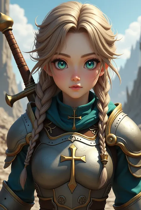 
girl with light brown hair, with medieval armor, with braided hair, and a cross tattoo under the eye. One eye is light blue and the other is emerald green., White skin, and a sword on his back, in a post-apocalyptic world. animedo 3d