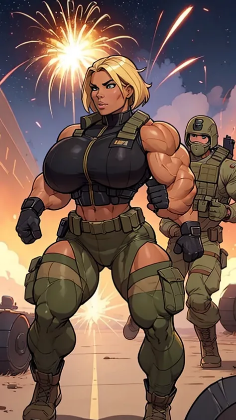 1girl, super soldier girl, coloured sketch, beautiful woman, blonde stylish haircut, extremely tanned, wearing special forces military suit, tactical vest, strong well defined muscle, bulky powerful bodybuilder physique, great muscle definition, perfect mu...