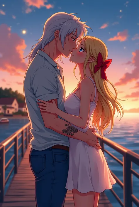 I would like to get an anime-style image of a couple consisting of a tall, masculine, handsome man with long platinum hair below the shoulders, blue eyes, jeans, a light shirt with sleeves rolled up to the elbow, a tattoo on his arm, he kisses a young incr...