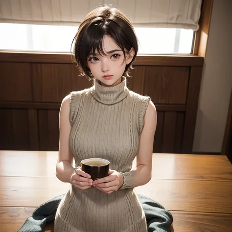 (highest quality、tabletop、8k、best image quality、award-winning works)、(18-year-old girl:1.5)、(perfect sleeveless turtleneck knit ...