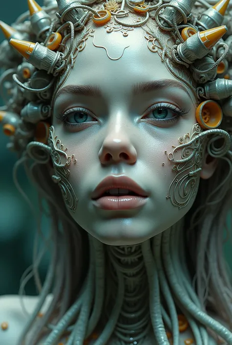 olpntng style, Lovely white erotic princess of plant beautiful body, face of Shakira, scifi, futuristic, utopian, machine parts, body parts, wires, circuits, highly detailed, octane render, cinematic, ayami kojima, karol bak, greg hildebrandt, and mark bro...