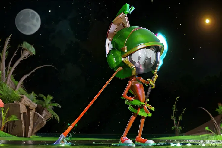 marvin the martian (cute woman, extremely small martian invader outfit) fishing at an alien pond, she has a bucket full of slimy...