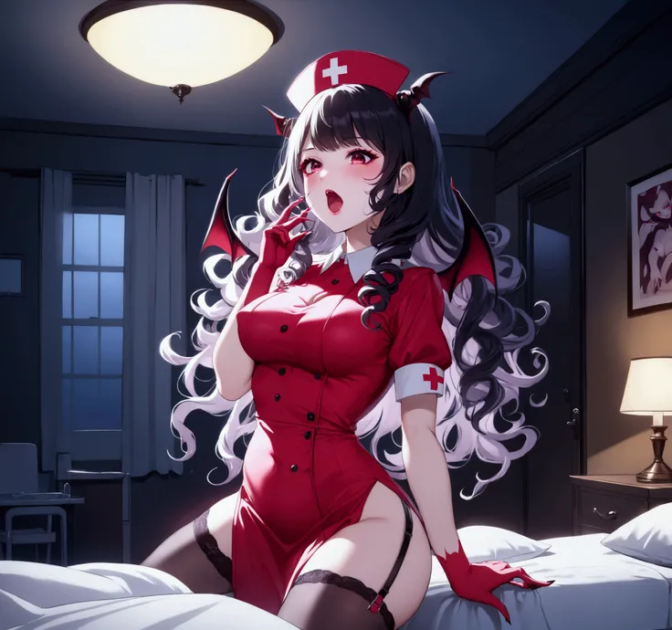 ((Mommy)), Excited, ((Curly Long Hair)), ((Demon Girl)), Sexy, ((Succubus)), Goth, Submissive, Nurse, Romantic, Room, Night, HD, High Resolution, 4K