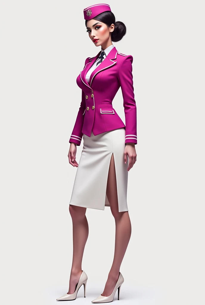 Create a uniform with a waist-high blazer and long magenta sleeves, Skirt with a waist above the knee and a slit on the left leg in the same color, Skin-colored pantyhose and white heels, Hat and scarf like the Emirates uniform but in magenta and white