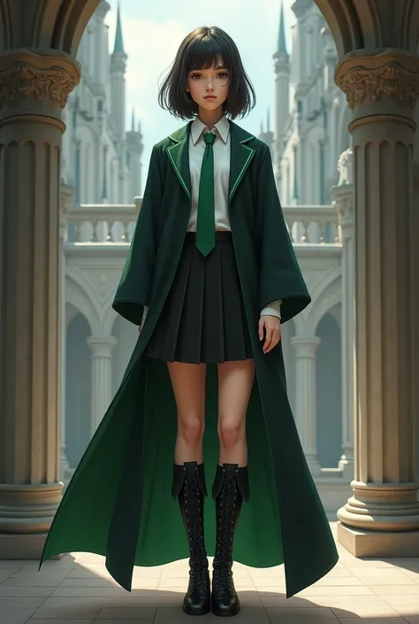 magic magic school。Snake House Student。White blouse。Green tie。Black knee-length pleated skirt。Black lace-up boots。Black robe with green lining。