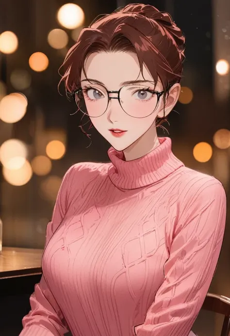 (breathtaking mature beauty,intellectual and elegant,luminous pink sweater,chestnut hair,(best qualityer,work of art:1.2),full - length photo,perfect figure,wearing glasses,Very clean,exquisite facial features,ultra detali,bokeh)