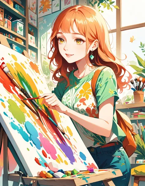 Girl, engaged in creating art. She is either painting on a canvas, her expression one of focus and creativity. The setting is an art studio or a home workspace, filled with art supplies like paints, brushes. Girls outfit is casual, in her favorite colors o...