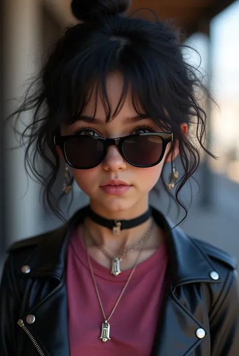 Cute teenage girl with large brown eyes and frizzy jet black hair wearing black sunglasses a dark pink t shirt and black leather jacket 