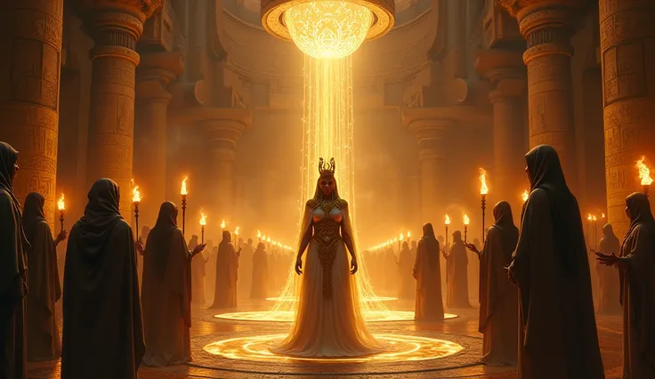 An image of the Queen of Sheba performing a mysterious ritual in an ancient temple, surrounded by priestesses. The scene is lit by torches and marked by esoteric symbols engraved on the walls, suggesting ancient and occult practices.