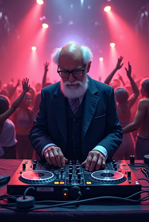 Sigmund Freud looking ahead and animating a party as a DJ